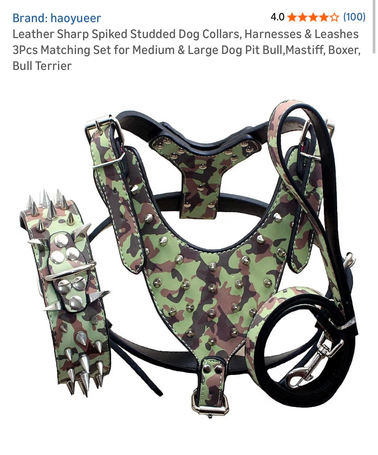 🐾 Camo Spiked Leather Dog Harness Set – 3 Piece Matching Set