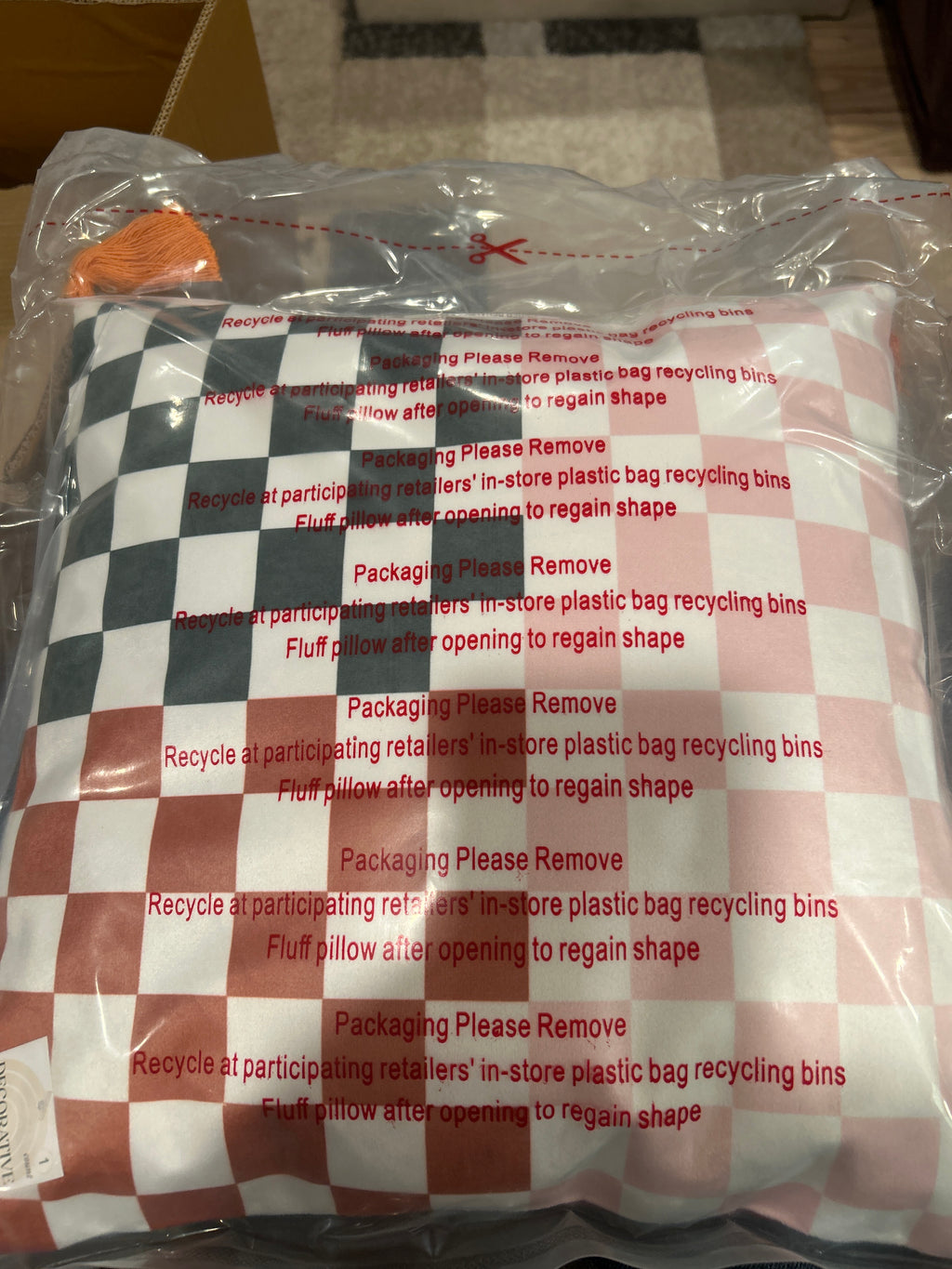 Checkered Decorative Throw Pillow with Tassels – Rust & Blush Farmhouse Accent Cushion