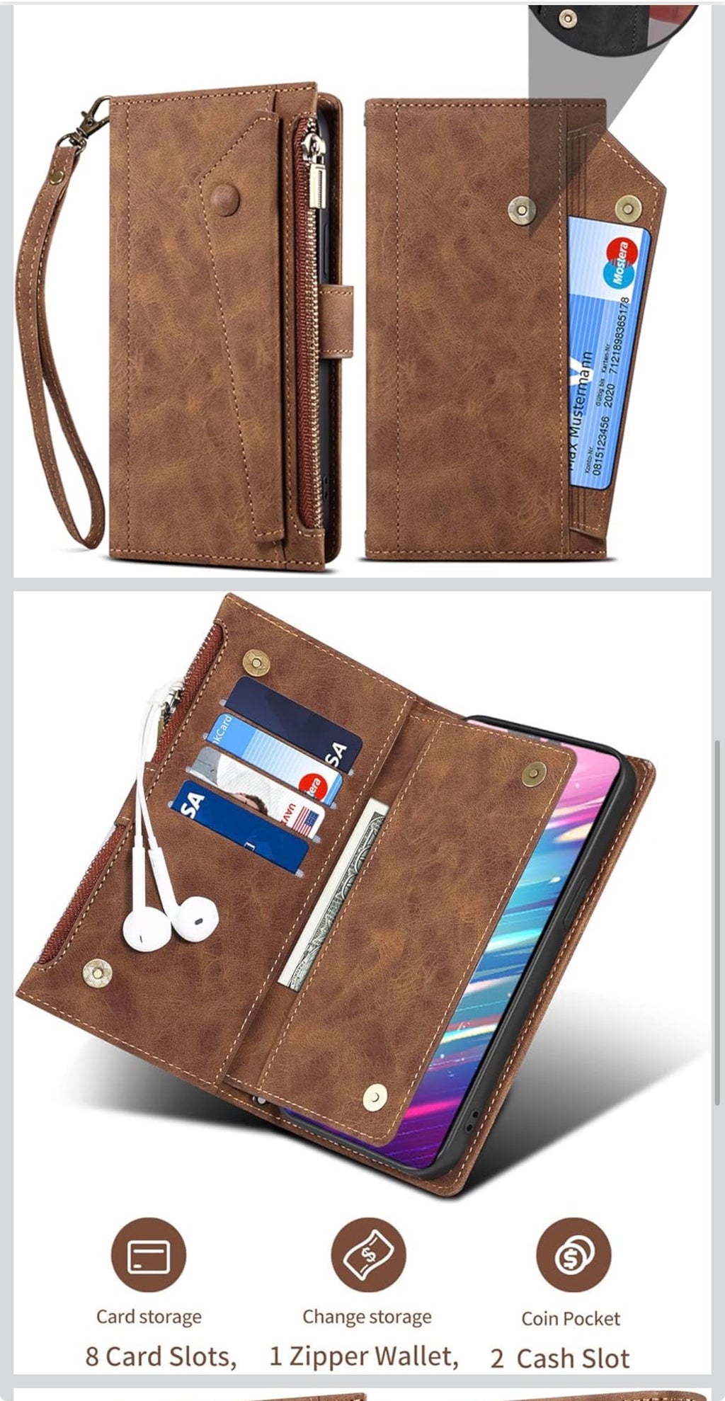 📱 iPhone 14 Pro Zipper Wallet Case with Wrist Strap – Brown