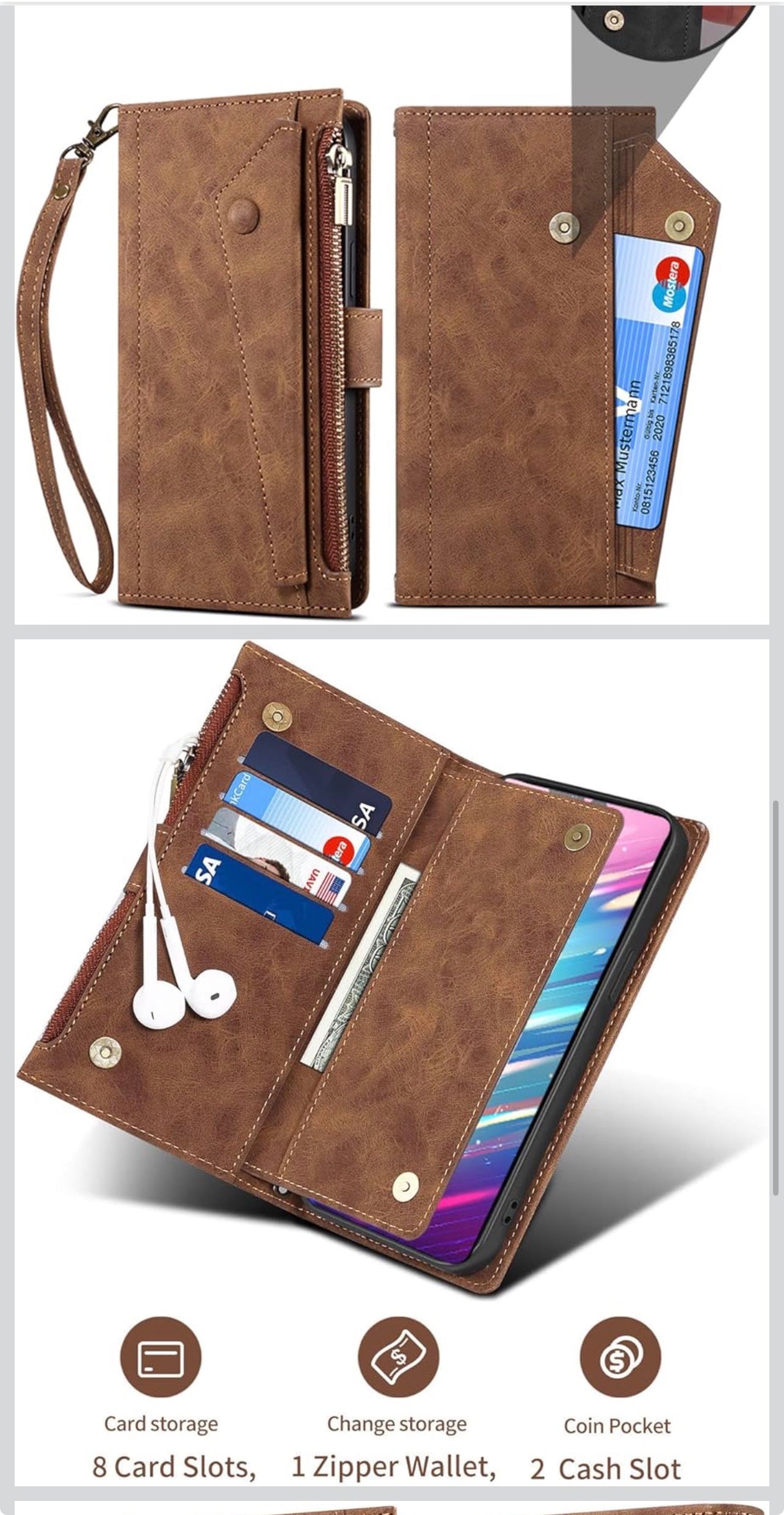 📱 iPhone 14 Pro Zipper Wallet Case with Wrist Strap – Brown