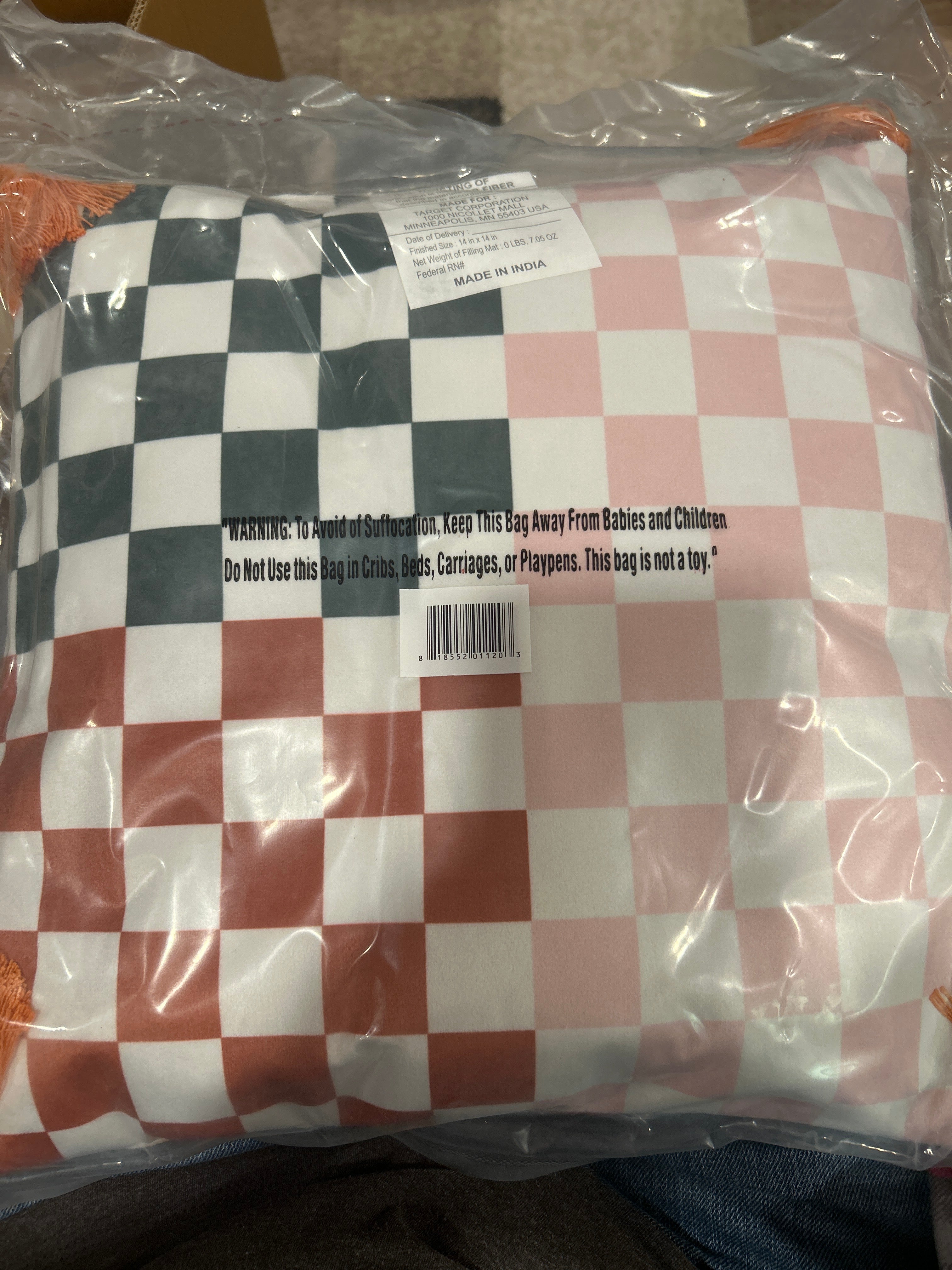 Checkered Decorative Throw Pillow with Tassels – Rust & Blush Farmhouse Accent Cushion