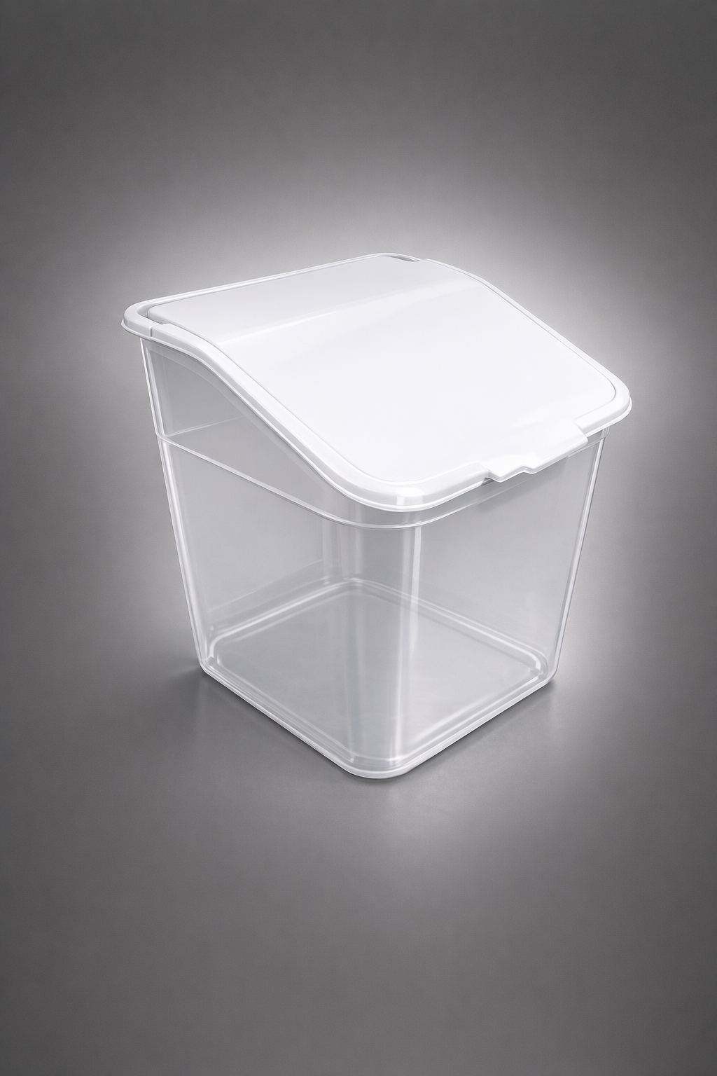 a white plastic storage bin with a flip or removable lid — often used for pantry storage, toys, desk supplies, bathroom items, etc.